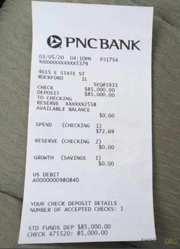 Reçu de paiement bancaire PNC aux États Unis